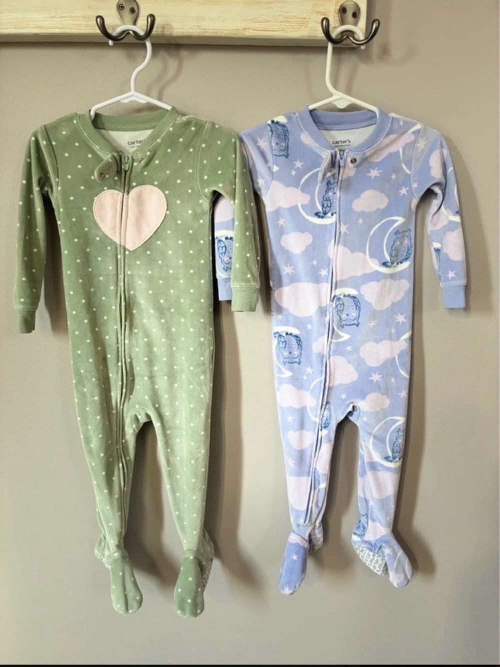 Carter's Green Polka Dot Footed One-Piece with Pink Heart & Blue Cloud Sleepers